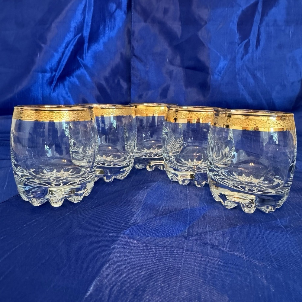 Bar Ware Vintage  Set Of 5 Italian Hand Decorated Gold Rimmed Raised Peg Bottoms